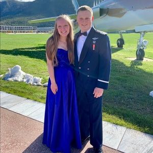 Strapless blue formal dress